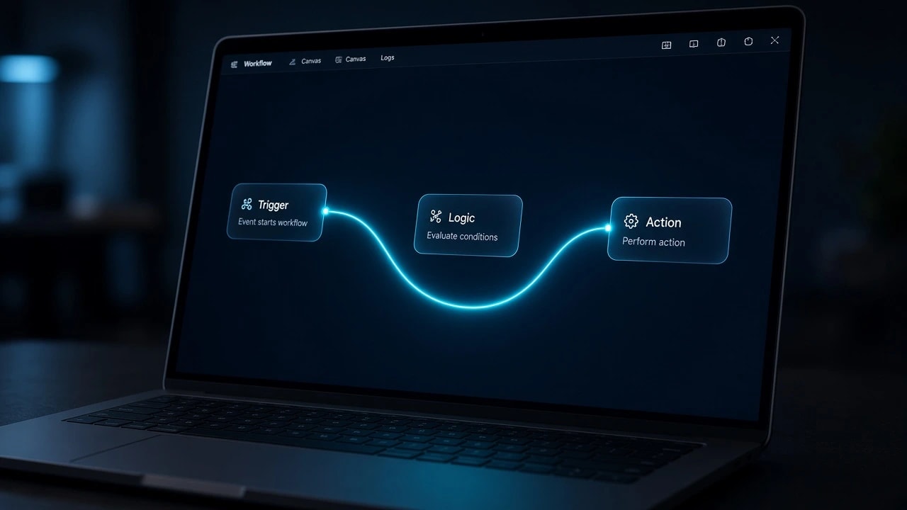 Laptop on a dark desk showing a workflow canvas with trigger, logic, and action nodes connected by a cyan path