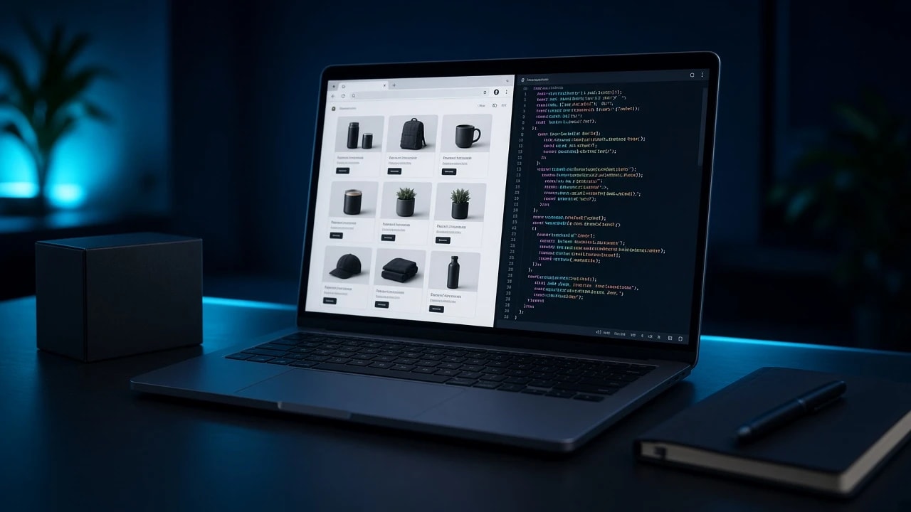 Laptop on a dark desk showing a website editor beside a code editor, with a product sample on the surface