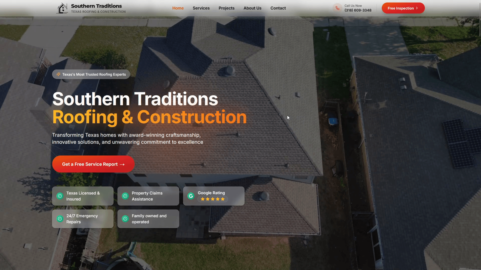 Screenshot of the Southern TX Traditions roofing and construction website developed by CodenVibe, featuring business service information and a customer quote-request system.